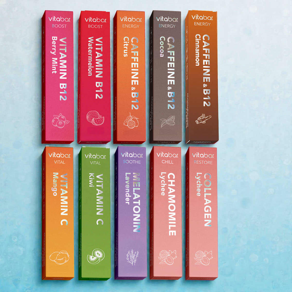 Collection of VitaBars in various flavors on a light blue background